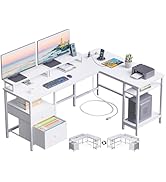 Furologee White 59” L Shaped Desk with Power Outlet, Reversible Computer Desk with File Drawer &amp; ...