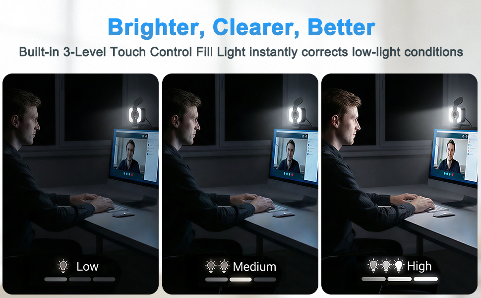 Webcam with light, ring light for streaming, 3-level brightness for low light home office gaming