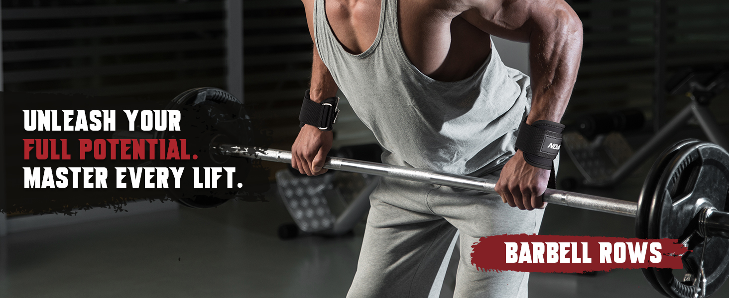 A lifter uses the weight lifting wrist straps to maintain a secure grip during heavy barbell rows.