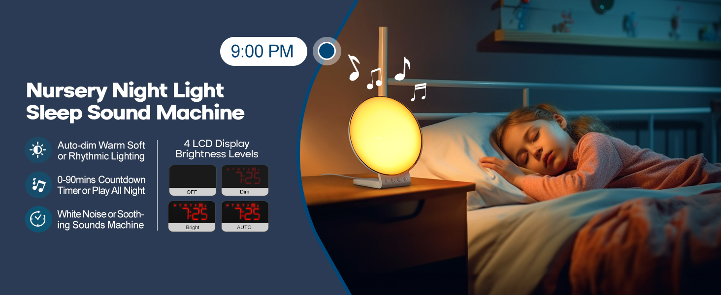 Sunrise alarm clock with wireless charging white noise sleep sound machine nursery night light