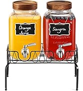 1-Gallon Glass Drink Dispenser with Stand, 18/8 Stainless Steel Spigot, Designed Wooden Lid - [2 ...