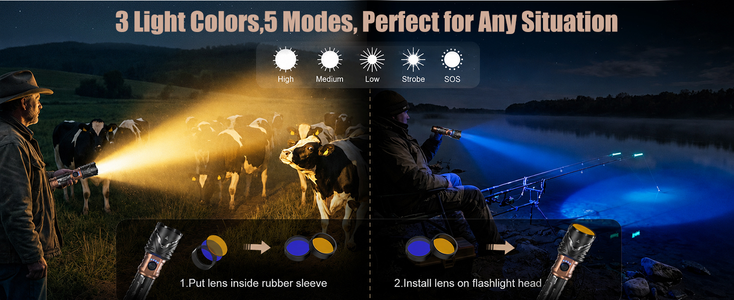 SKYFIRE Rechargeable Flashlight with Ignition Lens &amp;amp;amp; White Yellow Blue Light