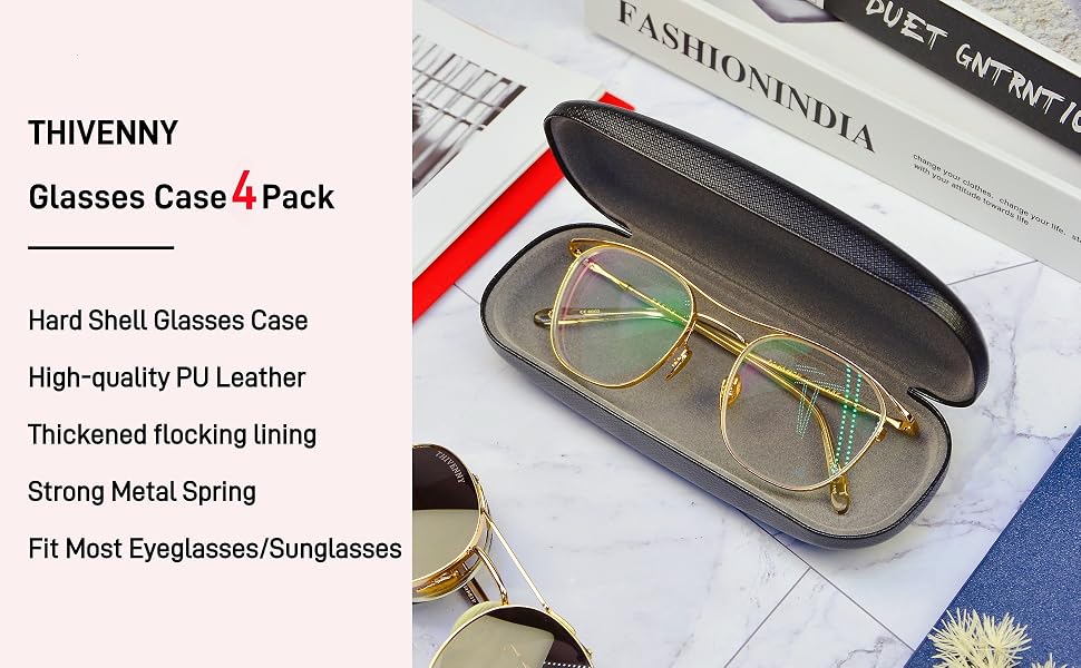 Open black glasses case with gold-framed eyeglasses inside. Case features textured exterior, metal spring closure, and flocked lining. Shown with product packaging detailing features.