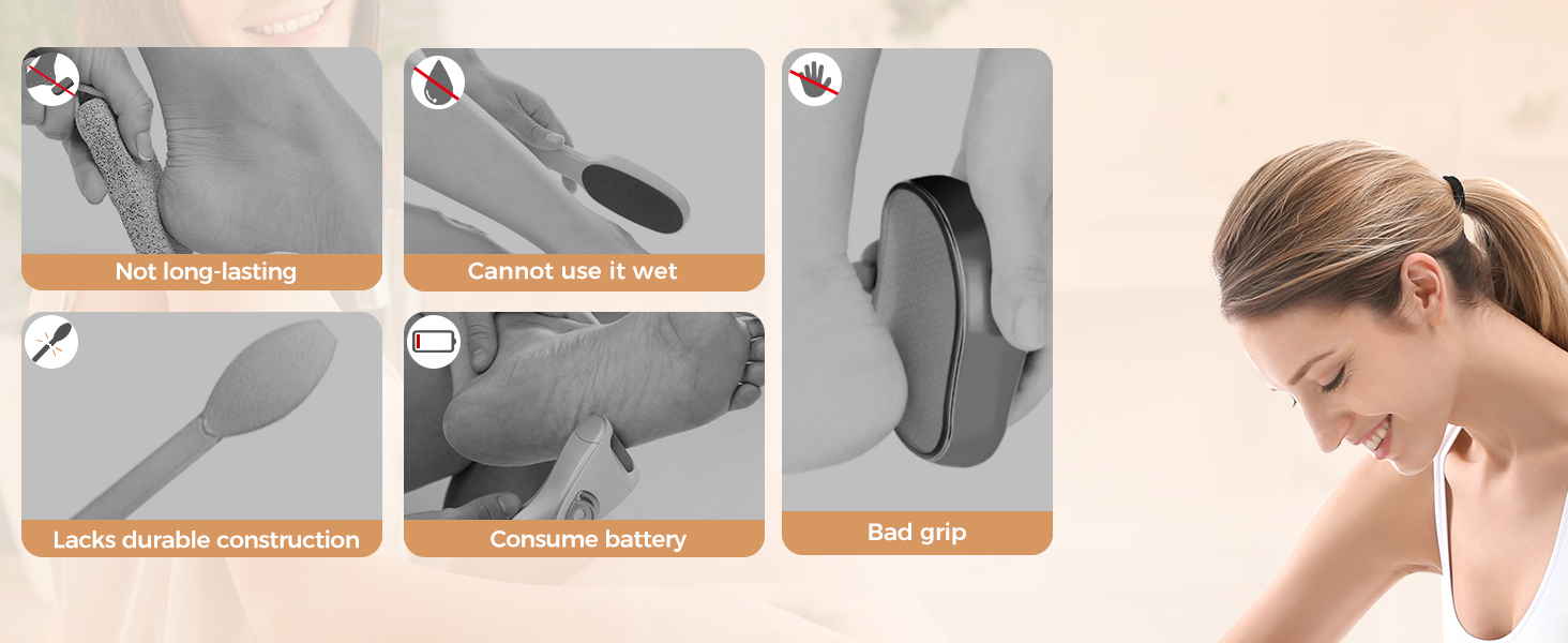 Infographic highlighting features of a handheld device: Non-slip handle, Careful use it wet, Lacks durable construction, Convenient battery, and Bad grip.