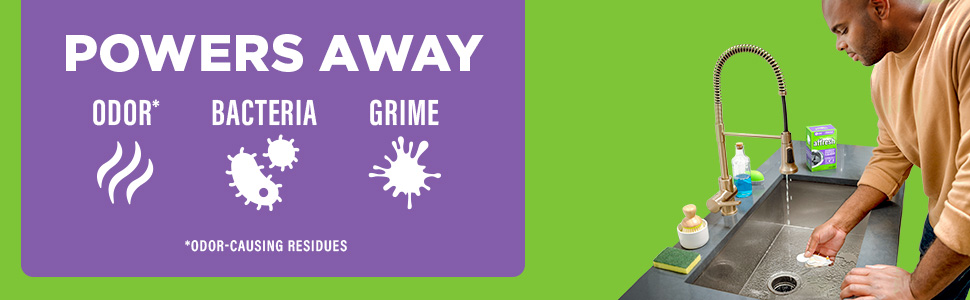 powers away odor-causing residues, bacteria and grime