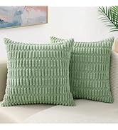 decorUhome Spring Sage Green Decorative Throw Pillow Covers 18x18 Set of 2, Soft Corduroy Striped...