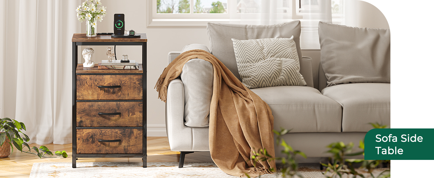 Nightstand with Charging Station, 27.6 Inch Side Table with Fabric Drawers