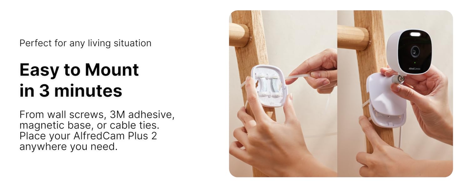 Hands mounting AlfredCam Plus 2 using cable ties, showing easy 3-minute installation setup.