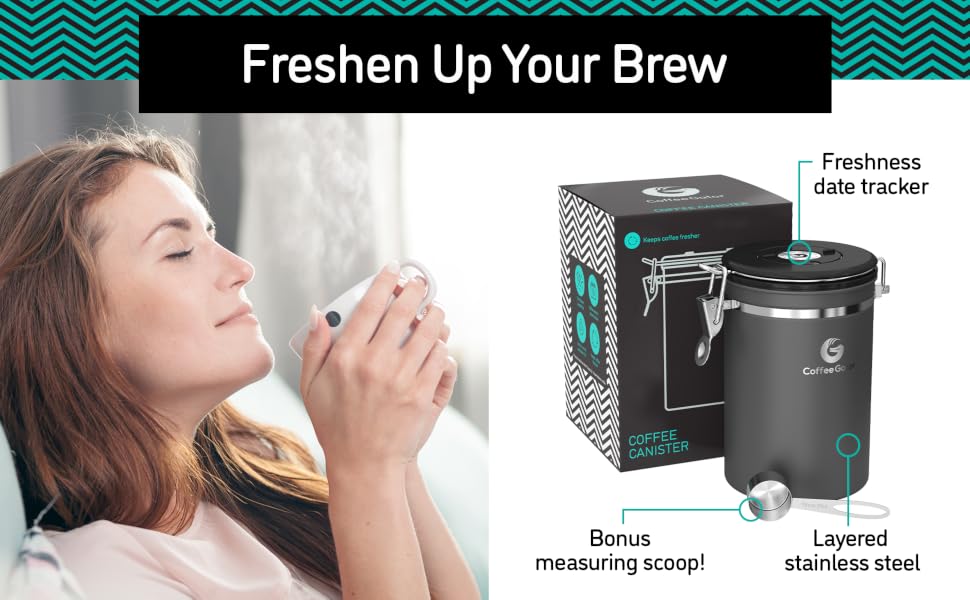 Side-by-side photo of a white woman enjoying a cup of coffee and a gray coffee canister