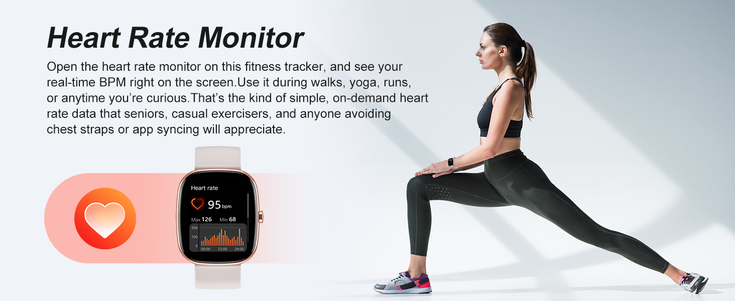 Heart rate on fitness tracker: open to see BPM. For walks, yoga, runs. Seniors