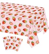LINHAXM 3 Pack Strawberry Tablecloths - Plastic Table Cover for Birthday &amp; Baby Shower Parties, 5...