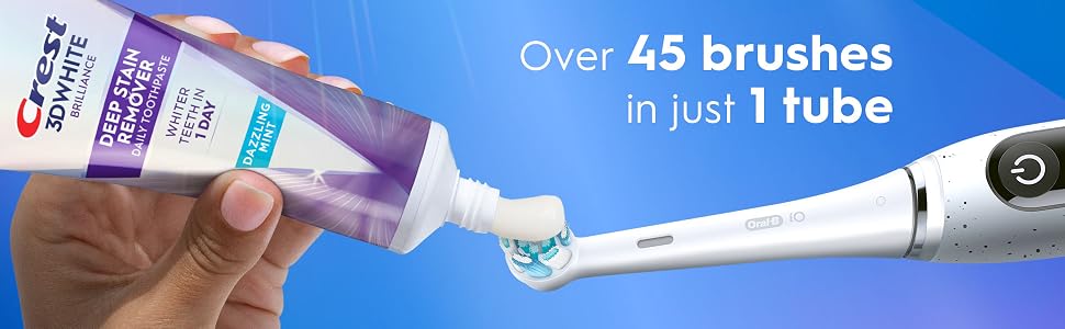 Crest 3DWhite Deep Stain Remover toothpaste: over 45 brushes, shown with an Oral-B toothbrush.