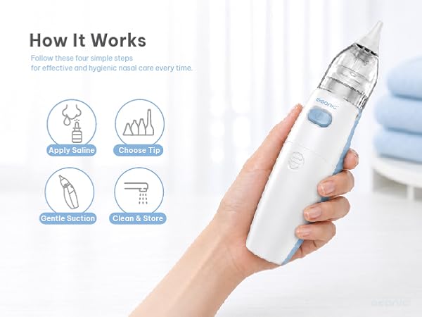 GEONIC electric nasal aspirator to clear a baby&amp;#39;s nose safely and comfortably.