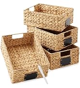 Casafield Set of 4 Water Hyacinth Pantry Baskets, 10" x 13" x 5", with Chalkboard Labels and Chal...