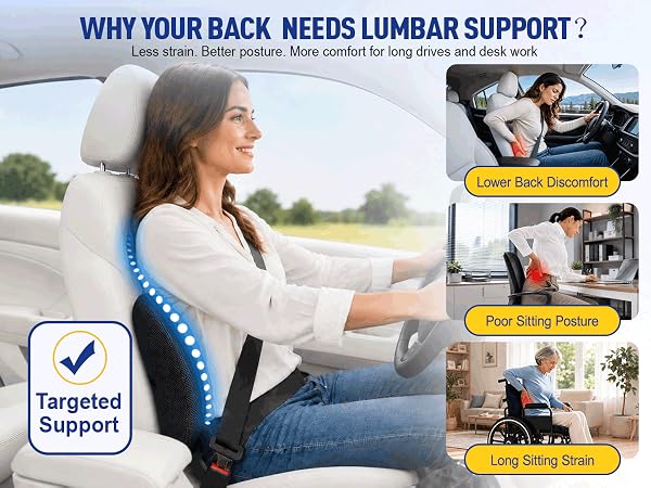 A back support pillow helps reduce strain and improve comfort for long sitting.
