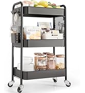 TOOLF 3 Tier Rolling Cart Storage Organizer, Metal Rolling Utility Car with Wheels, Hooks &amp; Bins ...