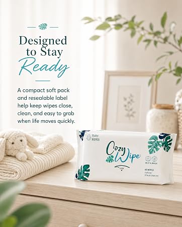 Cozy Wipe soft pack and bundle displayed on a dresser in a bright nursery.