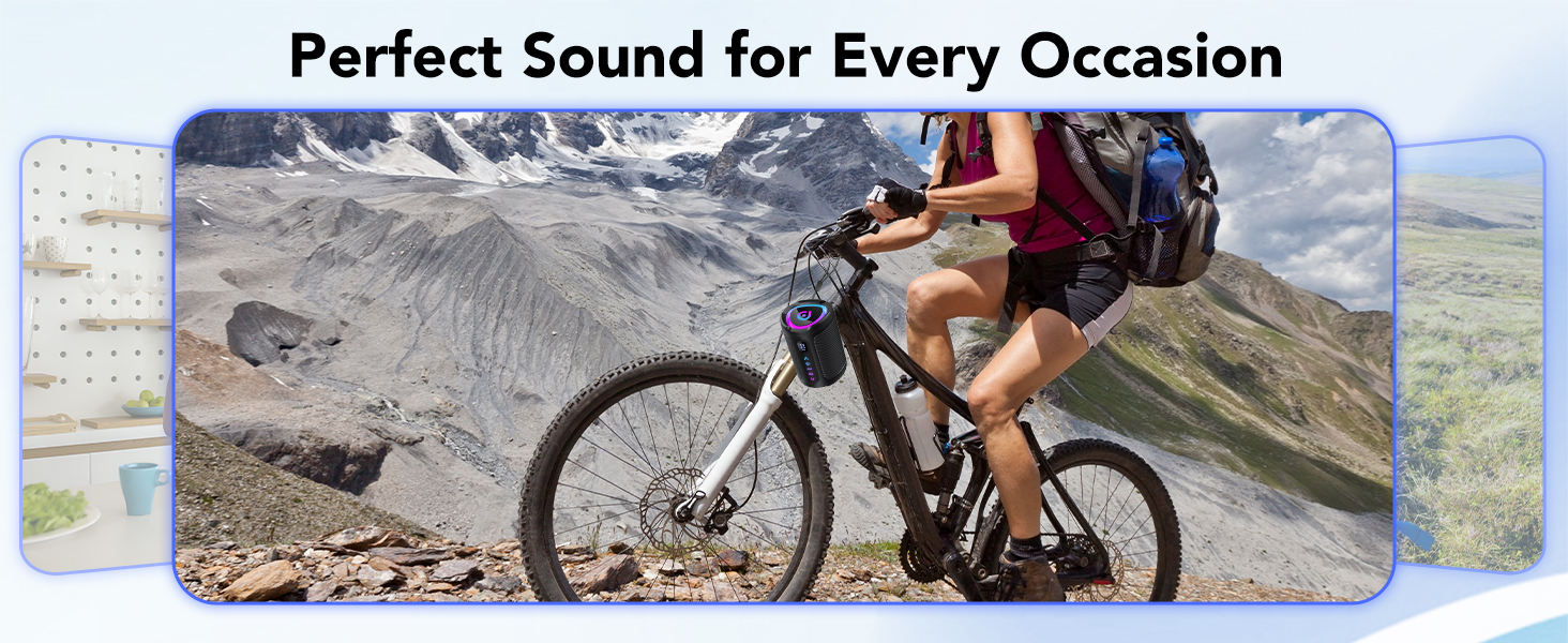 Text reads: 'Perfect Sound for Every Occasion'. Montage of outdoor activities including cycling and mountain scenes with audio equipment context.