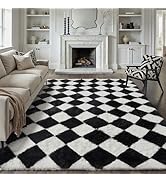 HUGEAR Checkered Rug 8x10 Living Room Black White Modern Shag Rug Washable Large Area Rug Soft Fl...