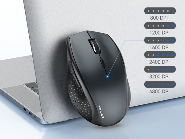 Black wireless computer mouse next to laptop, displaying DPI settings ranging from 800 to 4800, with blue LED indicator light.