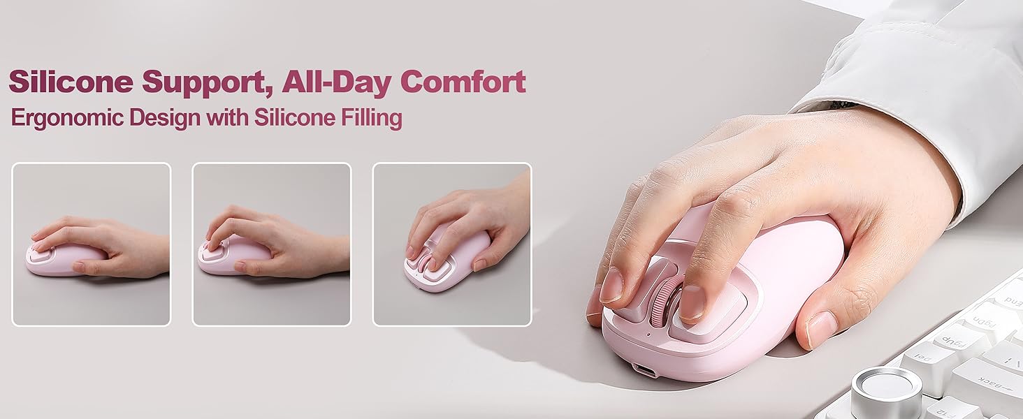 Text reads 'Silicone Support, All-Day Comfort' and 'Ergonomic Design with Structure Wing'. Image shows hand resting on ergonomic mouse pad with wrist support.