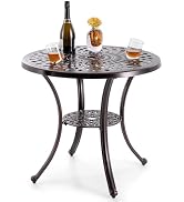 Giantex 31” Patio Bistro Table, Cast Aluminum Outdoor Side Table with Umbrella Hole &amp; Bottom Shel...