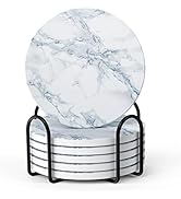 LIFVER Coasters for Drinks, White Marble-Style Absorbent Coasters with Holder, Housewarming Gifts...