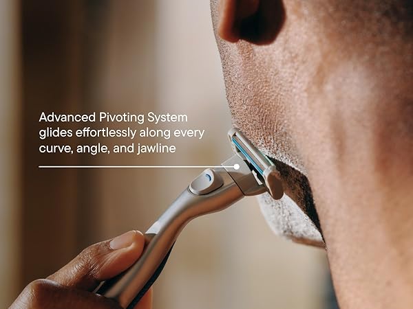 Harrys Plus razor shaving jawline with pivoting head gliding smoothly over curves angles and skin