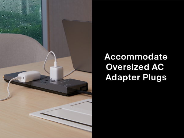 Image of power strip with plugs with text reading accommodate oversized AC Adpater Plugs