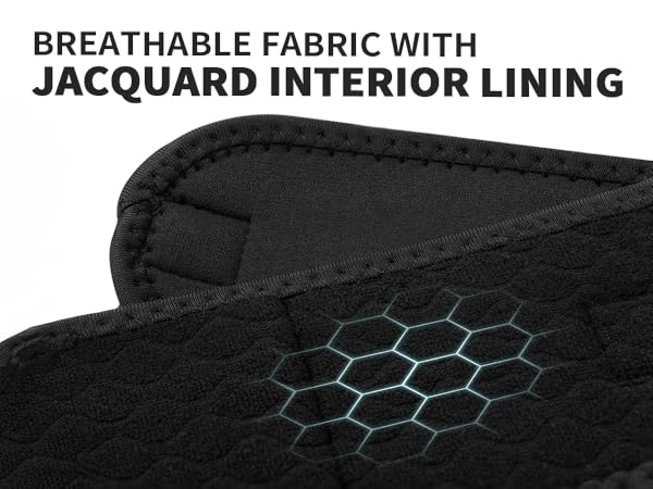 Close-up of black fabric with text describing breathable material and jacquard interior lining. Hexagonal pattern visible.