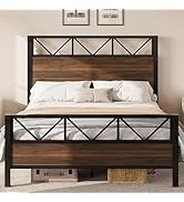 LIKIMIO Queen Bed Frame, Tall Industrial Headboard 51.2 ", Platform Bed Frame with Strong Metal S...