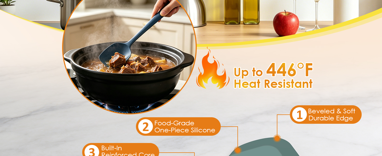 Silicone kitchen spatula stirring stew in a pot, heat resistant up to 446°F