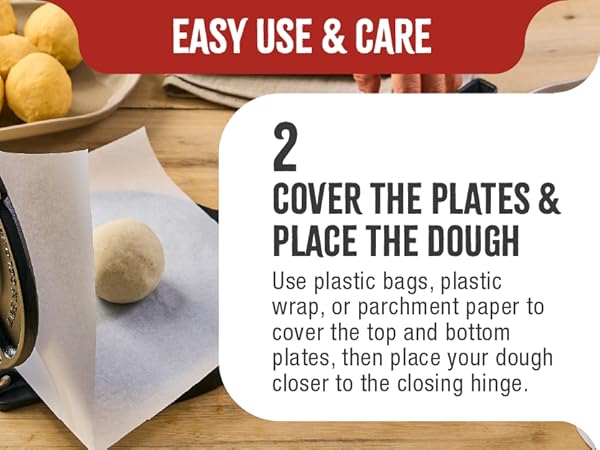 A dough ball on a cast-iron tortilla maker