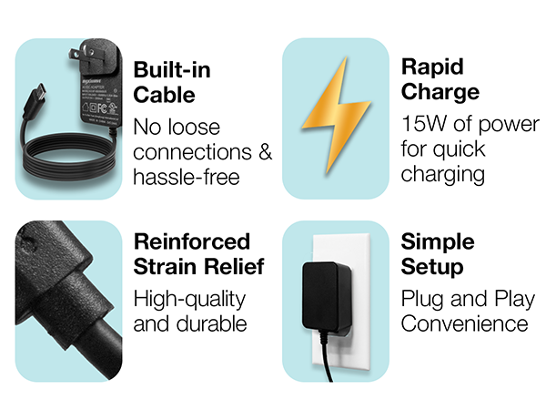 Features Built-in cable, Reinforced Strain Relief, Rapid Charge 15W, Simple Setup