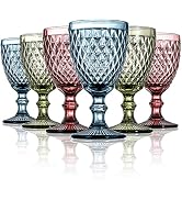 ZOOFOX Set of 6 Wine Glasses, 10 oz Colored Glass Goblet with Diamond Pattern, Embossed High Clea...
