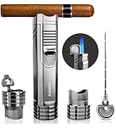 All-in-one Triple Torch Cigar Lighter with Cigar Poker, Cigar Punch, Cigar Holder, Gas Window, Go...