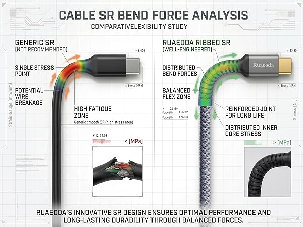 Strain Relief, bend forces, military-grade durability, 20,000+ bends.