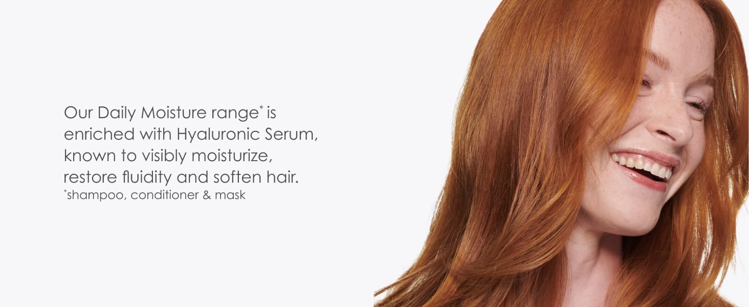 Smiling woman with healthy-looking red hair, next to text about Hyaluronic Serum and its benefits.