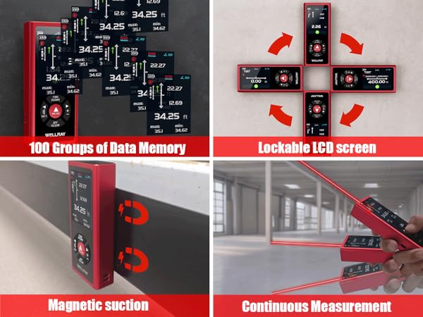 Magnetic suction 100 Groups of Data Memory Lockable leD screen Continuous Measurement