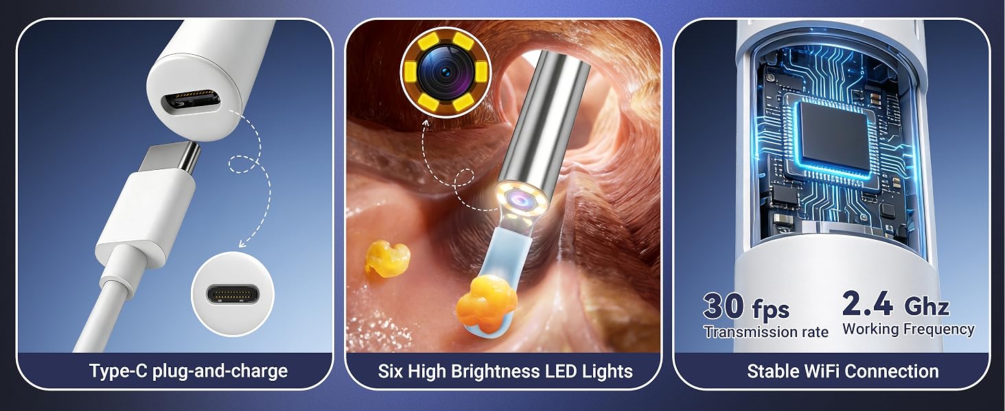 Rechargeable ear otoscope with Type-C port, 6 bright LED lights and stable 2.4GHz WiFi.