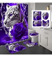 beifivcl 4PCS Purple Rose and Leopard Shower Curtain Bathroom Set with Rugs, Toilet Lid Cover and...