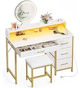 Seventable Vanity Desk with 4 Drawers, Vanity Table and Chair Set with Power Outlet &amp; LED Strip, ...