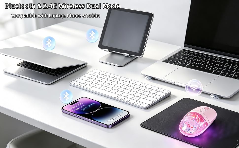 Cute Dual-Mode Bluetooth &amp;amp; 2.4G Mouse with RGB Light, Rechargeable for Laptop, PC, Mac