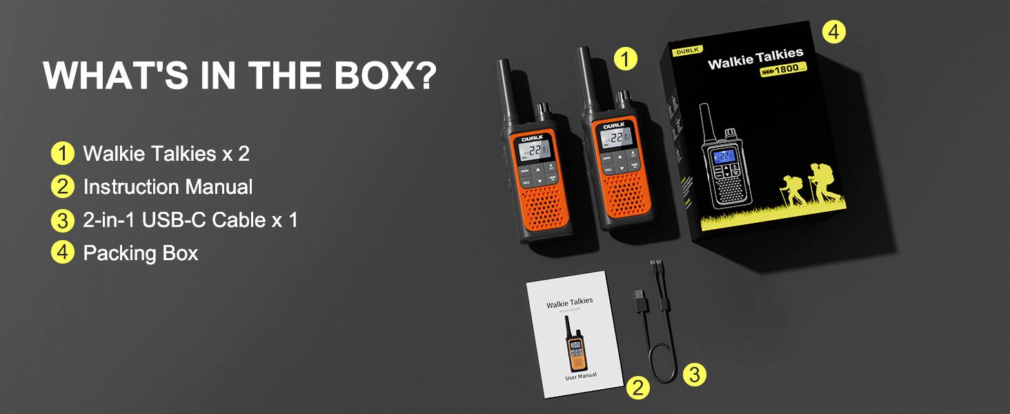 The package includes 2 rechargeable walkie talkies charging cables adapters instructions and box