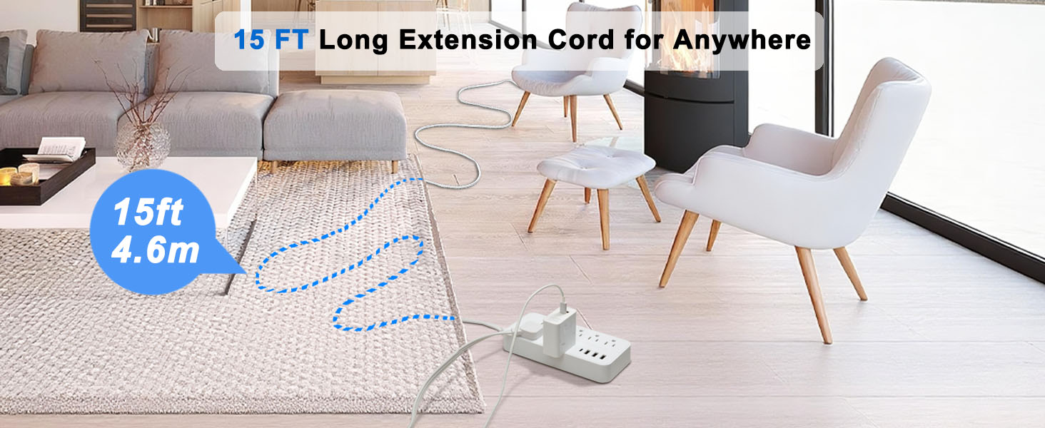Long Cord Surge Protector Power Strip 12 15 FT feet foot Extension Cord indoor