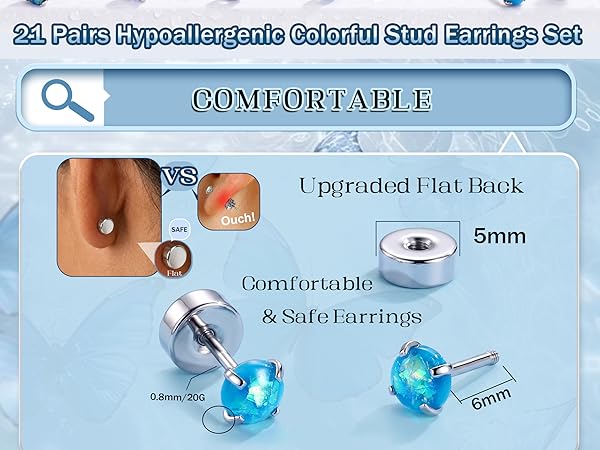 Hypoallergenic Surgical Steel Earrings - Flat Back Stud Earrings for Women