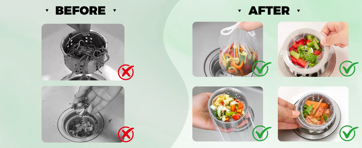Before/After: Left – messy clogged drain; Right – clean &amp;amp; easy disposal with strainer bags