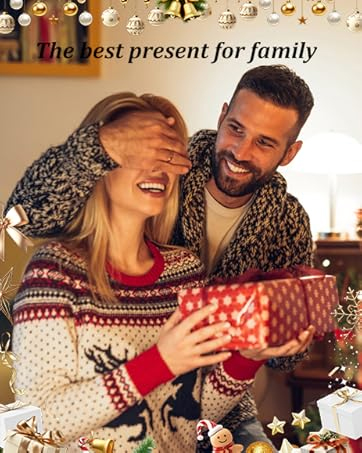 Text reads 'The best present for family'. Group scene showing people in festive Fair Isle sweaters sharing holiday moments.