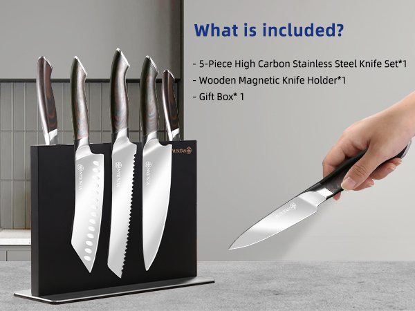 kitchen knife set with a wooden magnetic knife holder