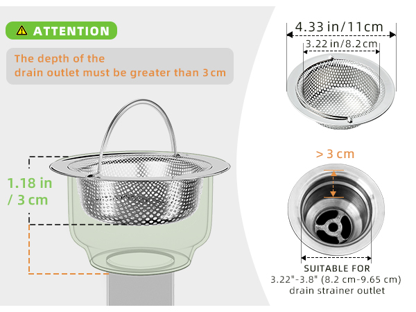 Text reads 'ATTENTION'. Technical diagram showing measurements and specifications for a sink strainer or drain cover with labeled dimensions and arrows.
